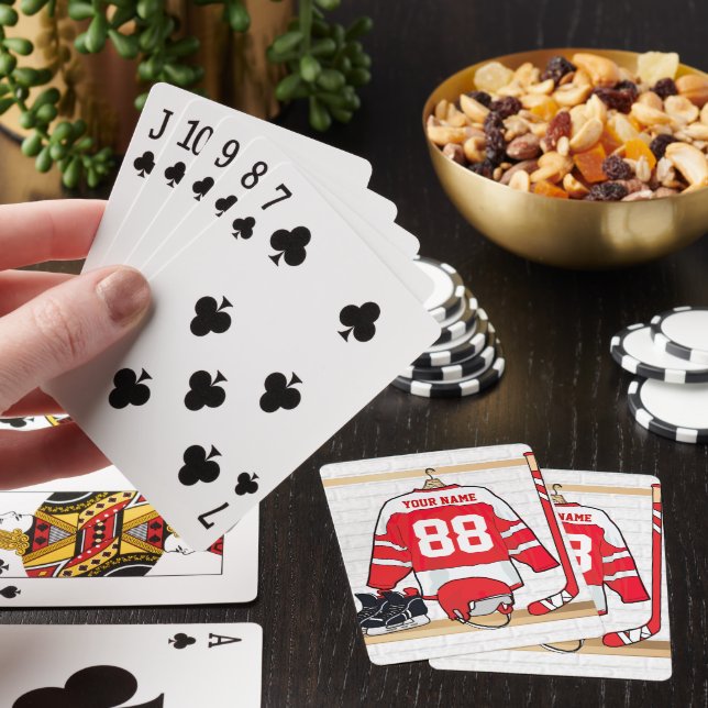 Personalized Red and White Ice Hockey Jersey Poker Cards (In Situ)