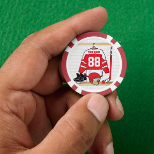 Personalized Red and White Ice Hockey Jersey Poker Chips