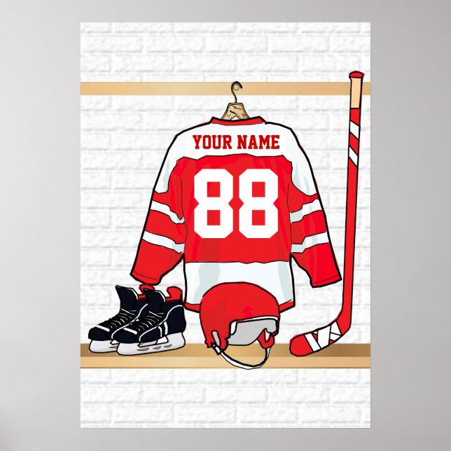 Personalized Red and White Ice Hockey Jersey Poster (Front)