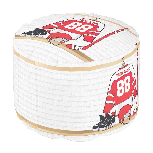 Personalized Red and White Ice Hockey Jersey Pouf (Angled Back)