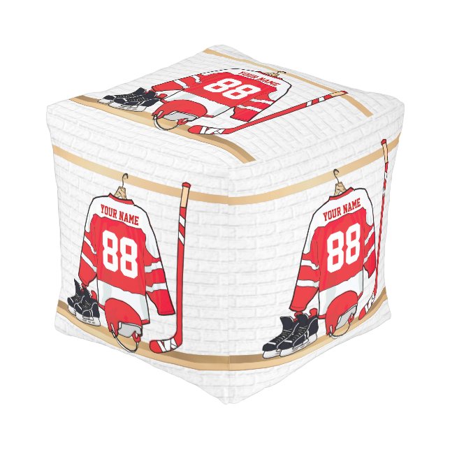 Personalized Red and White Ice Hockey Jersey Pouf (Angled Front)