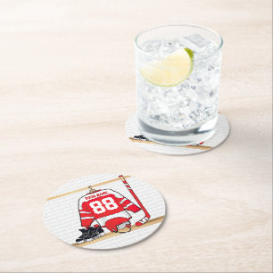Personalized Red and White Ice Hockey Jersey Round Paper Coaster