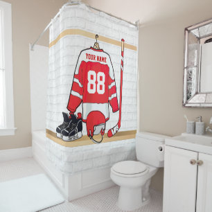 Personalized Red and White Ice Hockey Jersey Shower Curtain