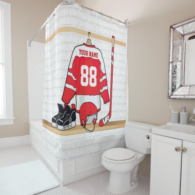 Personalized Red and White Ice Hockey Jersey Shower Curtain (In Situ)