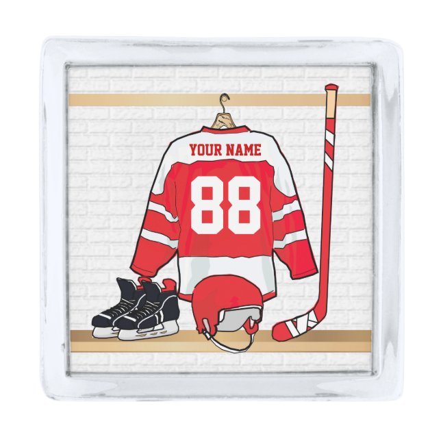 Personalized Red and White Ice Hockey Jersey Silver Finish Lapel Pin (Front)