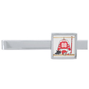 Personalized Red and White Ice Hockey Jersey Silver Finish Tie Clip