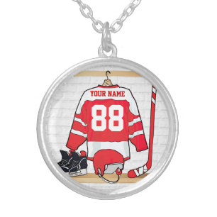 Personalized Red and White Ice Hockey Jersey Silver Plated Necklace