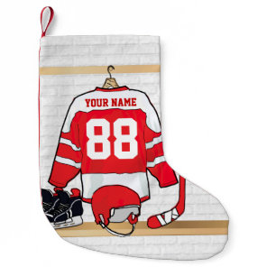 Personalized Red and White Ice Hockey Jersey Small Christmas Stocking