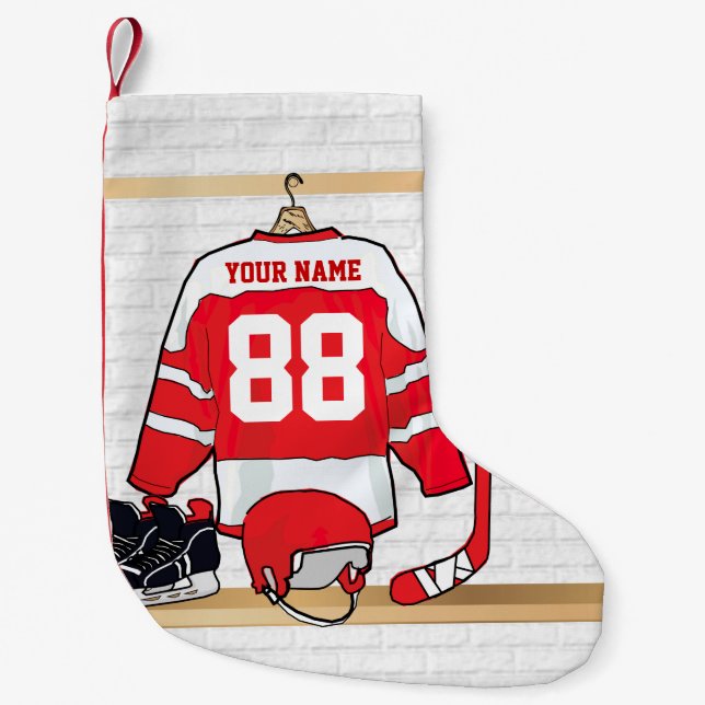 Personalized Red and White Ice Hockey Jersey Small Christmas Stocking (Front)