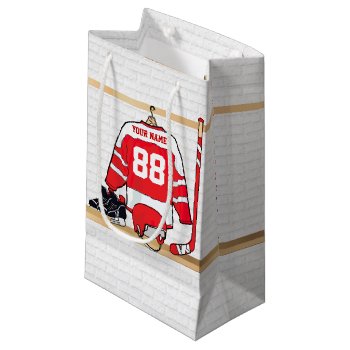 Personalized Red And White Ice Hockey Jersey Small Gift Bag by giftsbonanza at Zazzle