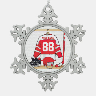 Personalized Red and White Ice Hockey Jersey Snowflake Pewter Christmas Ornament