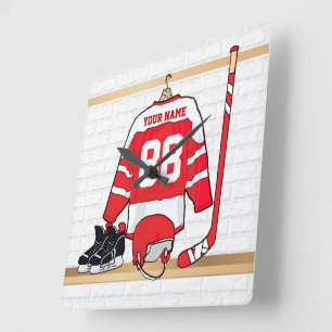 Personalized Red and White Ice Hockey Jersey Square Wall Clock