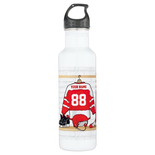 Personalized Red and White Ice Hockey Jersey Stainless Steel Water Bottle