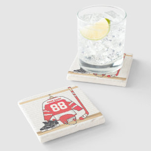 Personalized Red and White Ice Hockey Jersey Stone Coaster