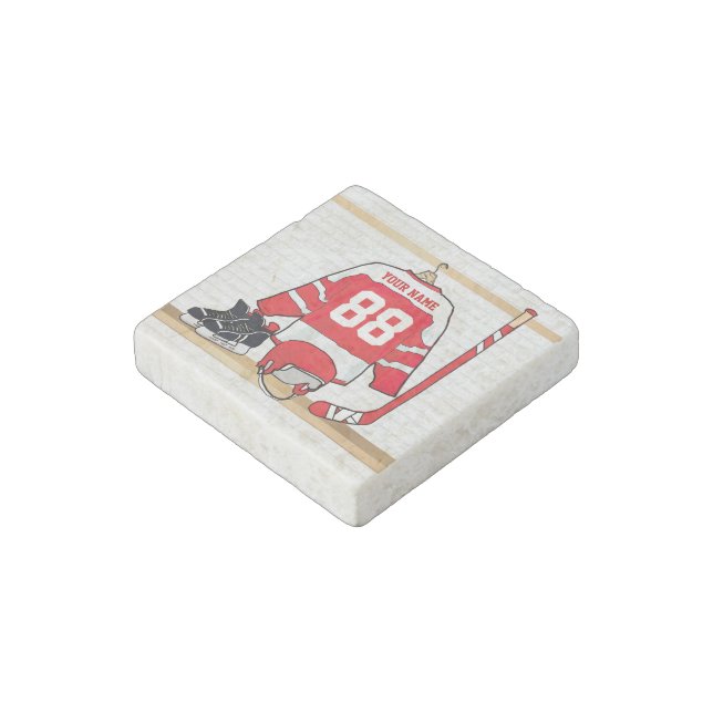 Personalized Red and White Ice Hockey Jersey Stone Magnet (Angled)