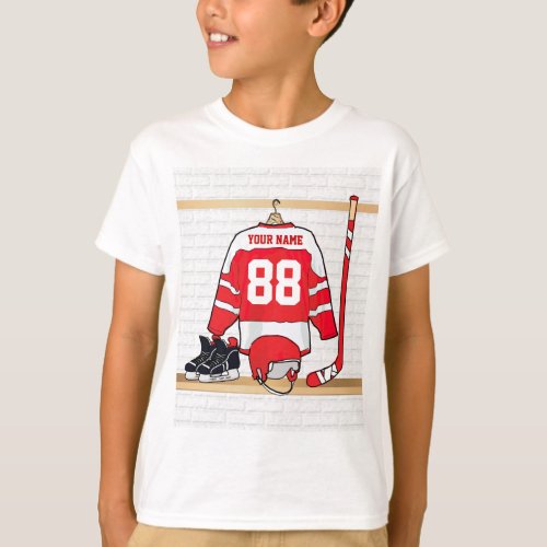 Personalized Red and White Ice Hockey Jersey T_Shirt