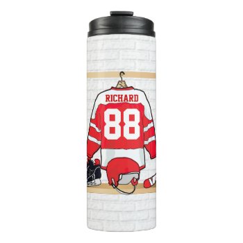 Personalized Red And White Ice Hockey Jersey Thermal Tumbler by giftsbonanza at Zazzle