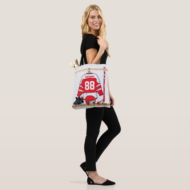 Personalized Red and White Ice Hockey Jersey Tote Bag (On Model)