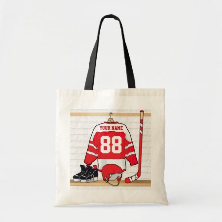 Personalized Red And White Ice Hockey Jersey Tote Bag