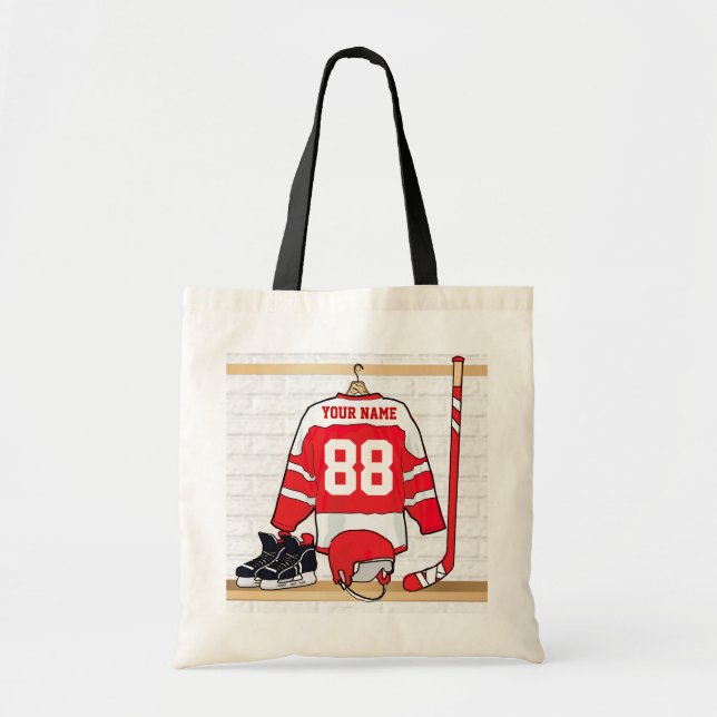 Personalized Red and White Ice Hockey Jersey Tote Bag (Front)