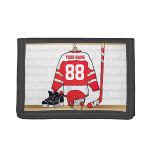 Personalized Red and White Ice Hockey Jersey Tri-fold Wallet