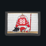 Personalized Red and White Ice Hockey Jersey Trifold Wallet<br><div class="desc">A unique and fun sports design with a personalized ice hockey jersey hanging in a locker room with a helmet, ice skates and a hockey stick. The jersey can be fully personalized with the number and name of your choice to make a great gift for any ice hockey fan, ice...</div>