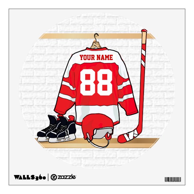 Personalized Red and White Ice Hockey Jersey Wall Sticker (Front)