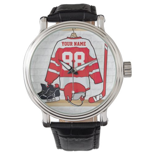 Personalized Red and White Ice Hockey Jersey Watch