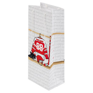 Personalized Red and White Ice Hockey Jersey Wine Gift Bag