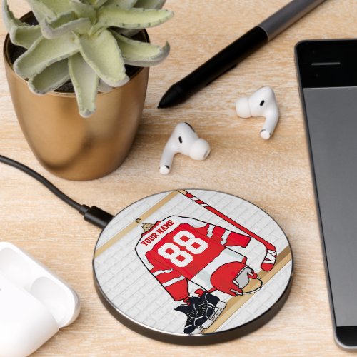 Personalized Red and White Ice Hockey Jersey Wireless Charger
