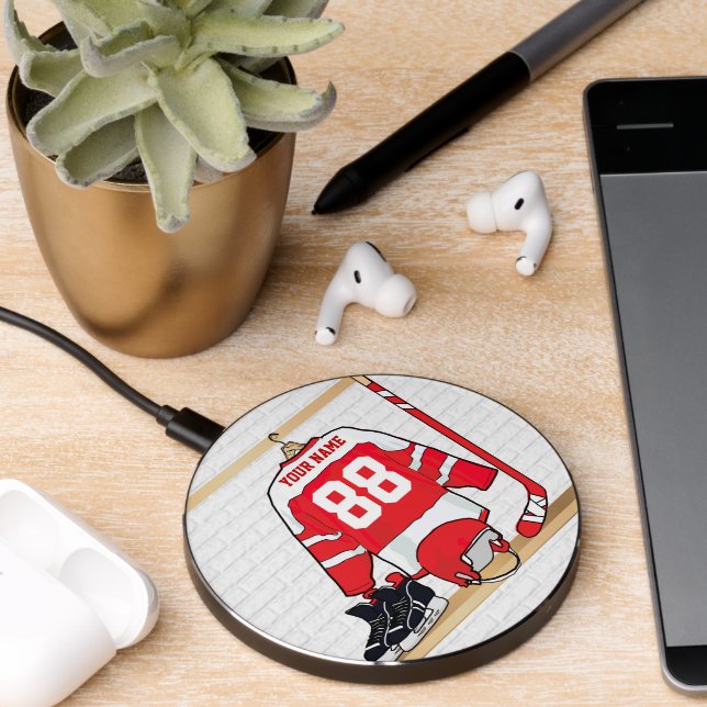 Personalized Red and White Ice Hockey Jersey Wireless Charger (Desk 2)