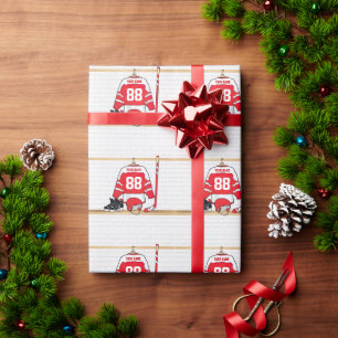 Personalized Red and White Ice Hockey Jersey Wrapping Paper