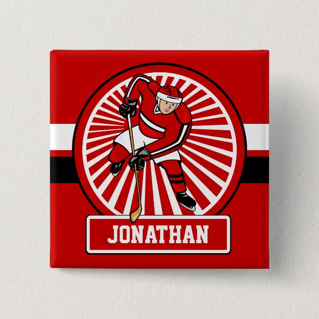 Personalized Red and White Ice Hockey Player Pinback Button (Front)