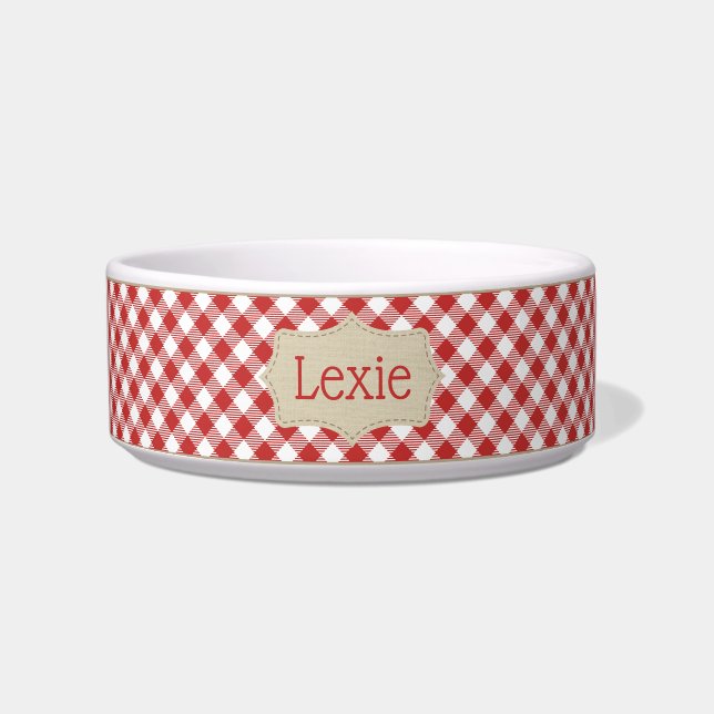 Personalized Red and White Plaid Pet Bowl (Front)