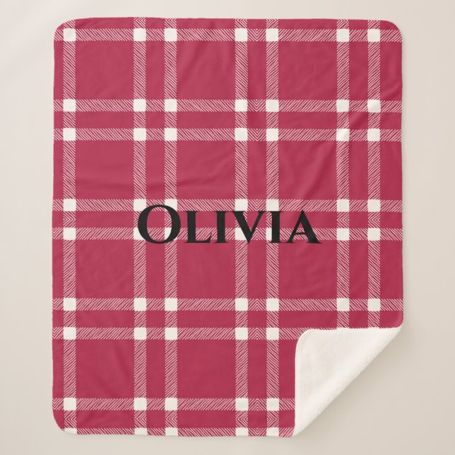 Personalized Red and White Plaid Simple Country Sherpa Blanket (Front)