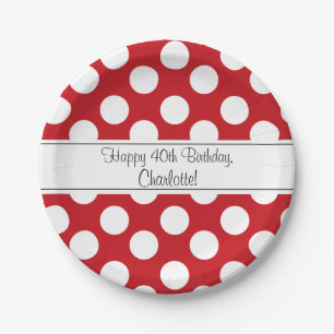 Personalized Red and White Polka Dot Paper Plates