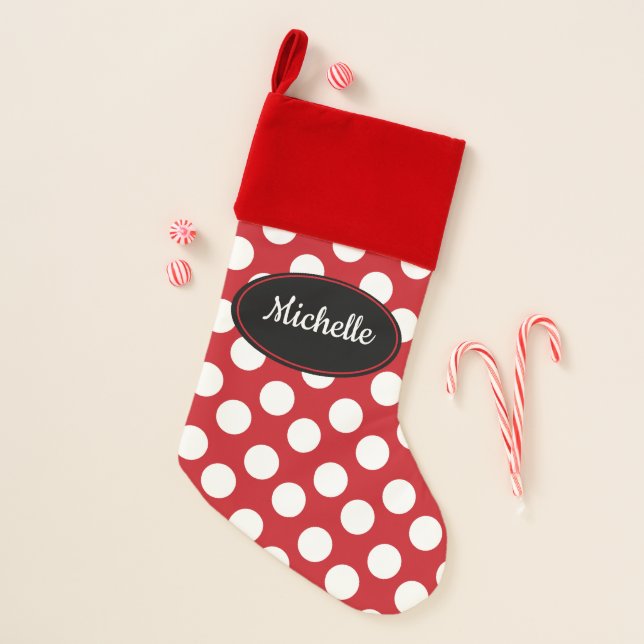 Personalized Red And White Polka Dot Stocking (Front)