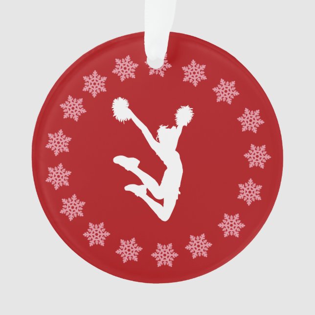 Personalized Red and White Snowflake Cheer or Pom Ornament (Front)