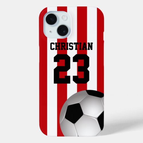 Personalized Red and White Stripes Soccer Ball iPhone 15 Case