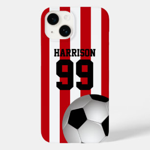 Personalized Red and White Stripes Soccer Ball Case-Mate iPhone 14 Case