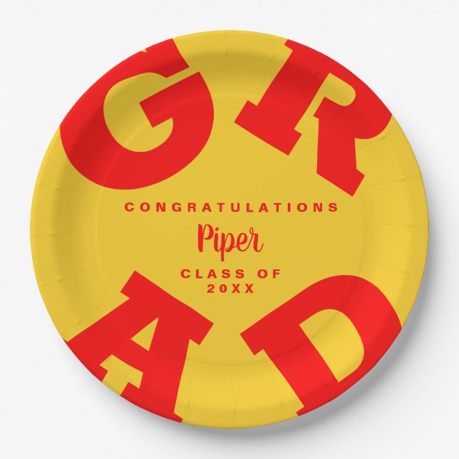 Personalized Red and Yellow Graduation Paper Plates (Front)