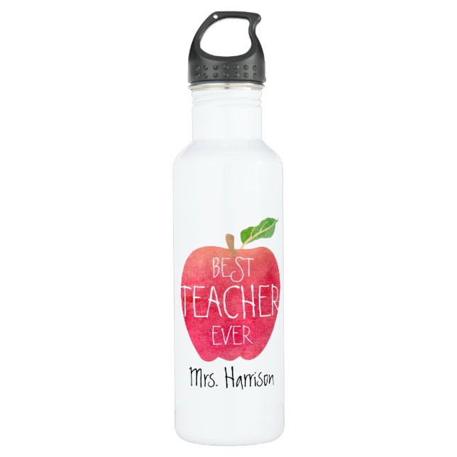 Personalized Red Apple Best Teacher Ever Water Bottle (Front)