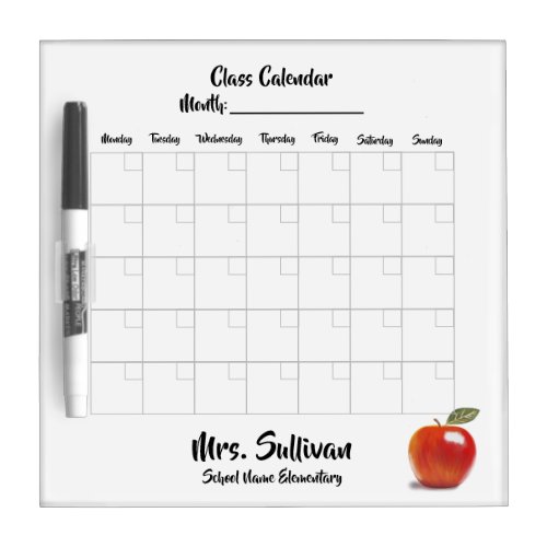 Personalized Red Apple Class Calendar Teacher Dry Erase Board