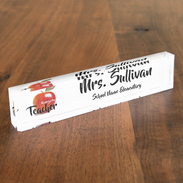 Personalized Red Apple Kindergarten Teacher School Desk Name Plate (Side)