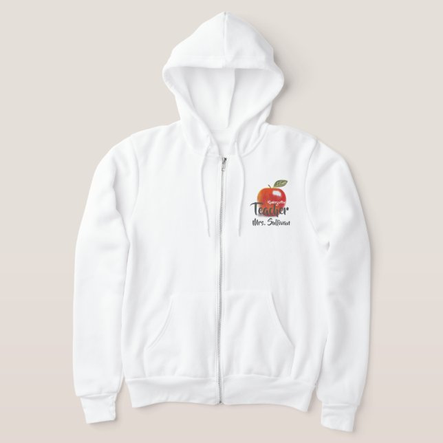 Personalized Red Apple Kindergarten Teacher Zip Up Hoodie (Laydown)