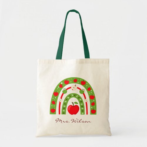 Personalized Red Apple Rainbow Teacher Tote Bag