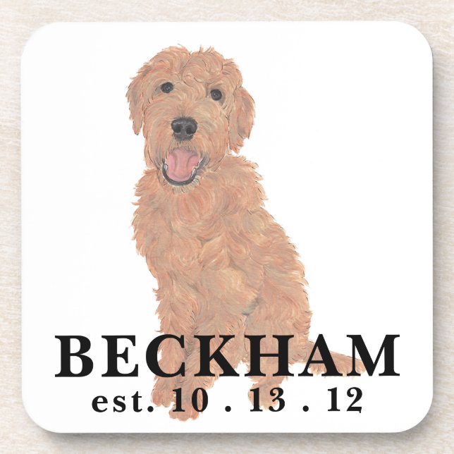 Personalized Red Apricot Golden Doodle Beverage Coaster (Front)