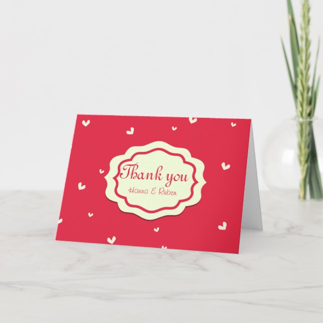Personalized Red Background with Little Hearts Thank You Card (Front)