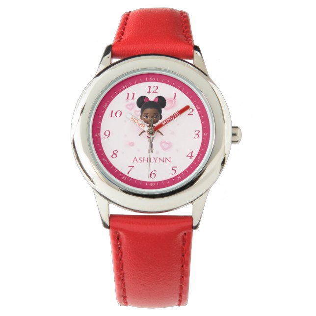 Personalized Red Ballerina Learn to Tell Time Watch (Front)