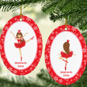 Personalized Red Ballerina Snowflake Christmas Ceramic Ornament